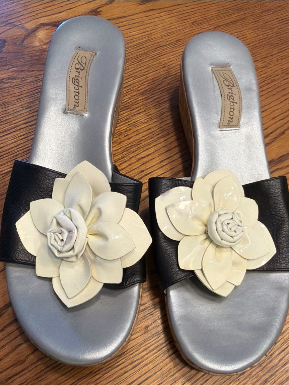 Brighton Black Slide Mules with Cream Floral Appliques